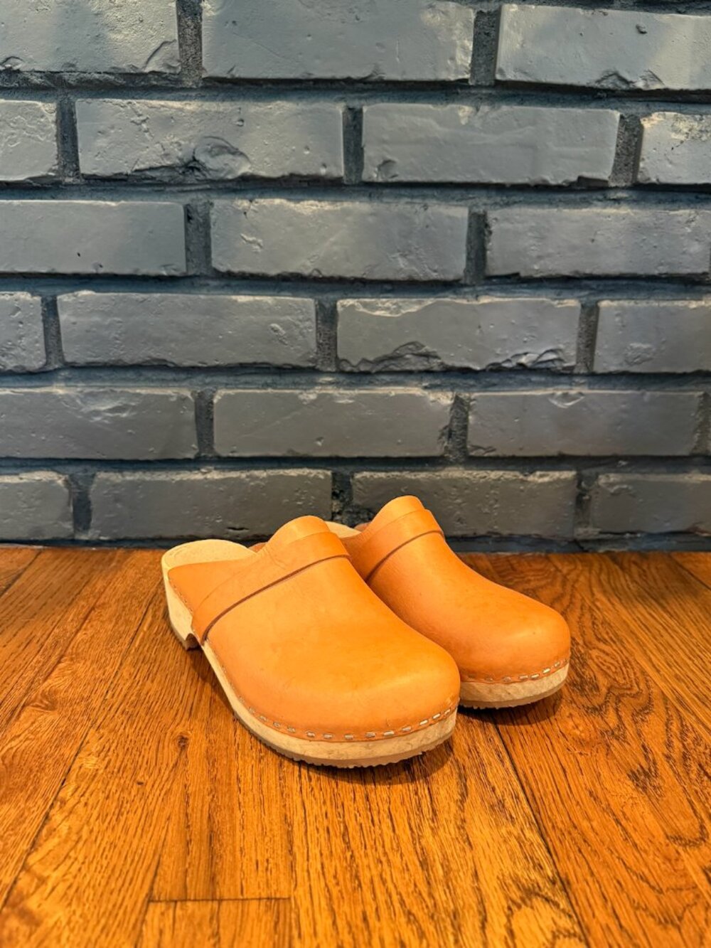 Classic Tan Leather Slip On Clog Mules Wood Heel Swedish Shoes Slides